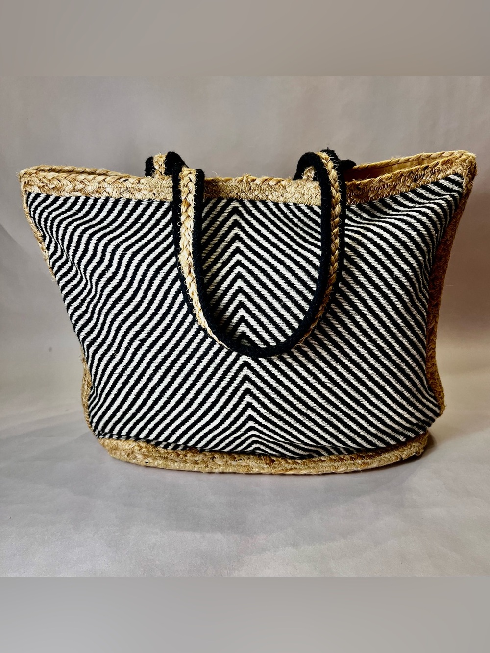 Black & White Striped Jute-Trim Tote Bag - Picture 3 of 5